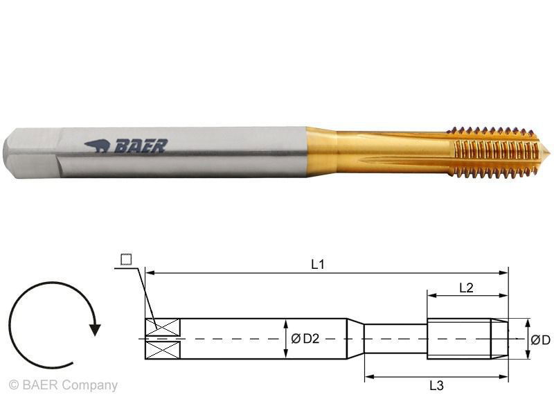 BaerCoil HSSE-TiN Gewindeformer M 2 x 0,4 EG (mit Übermaß für Drahtgewindeeinsätze)