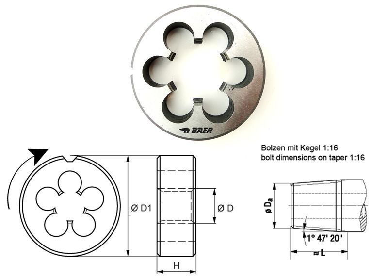 BAER Round Cutting Die M 14 x 1.5 conical - HSS