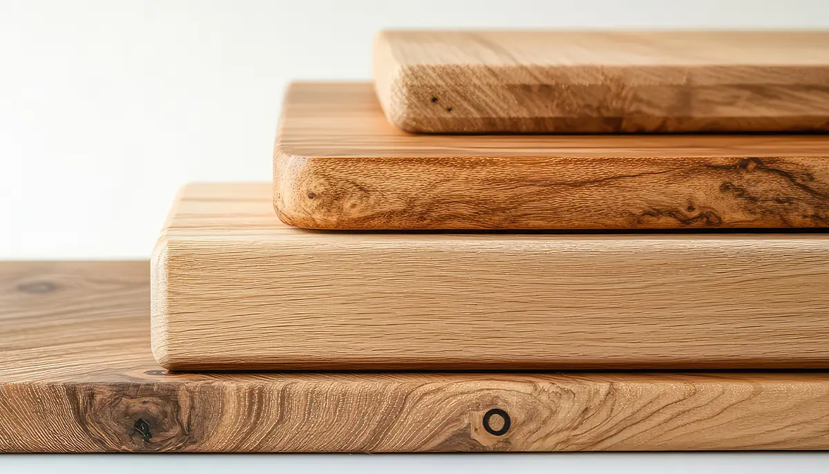 Side close-up of four wooden boards with milled edges stacked on top of each other, placed on a white surface.