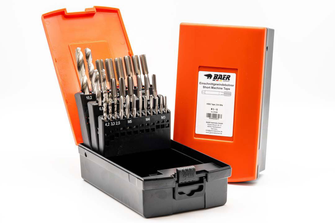 BAER Set HSSG: Short Machine Taps 3 pcs. each size| drill bits: M 3 - 12