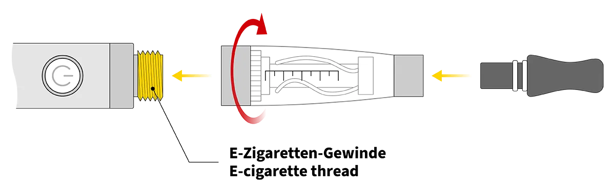 Disassembled e-cigarette with assembly instructions