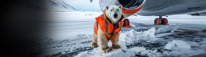 Der BAER Eisbär trägt eine Warnweste und steht vor einem internationalen Hintergrund, symbolisiert Sicherheit und weltweite Vernetzung.