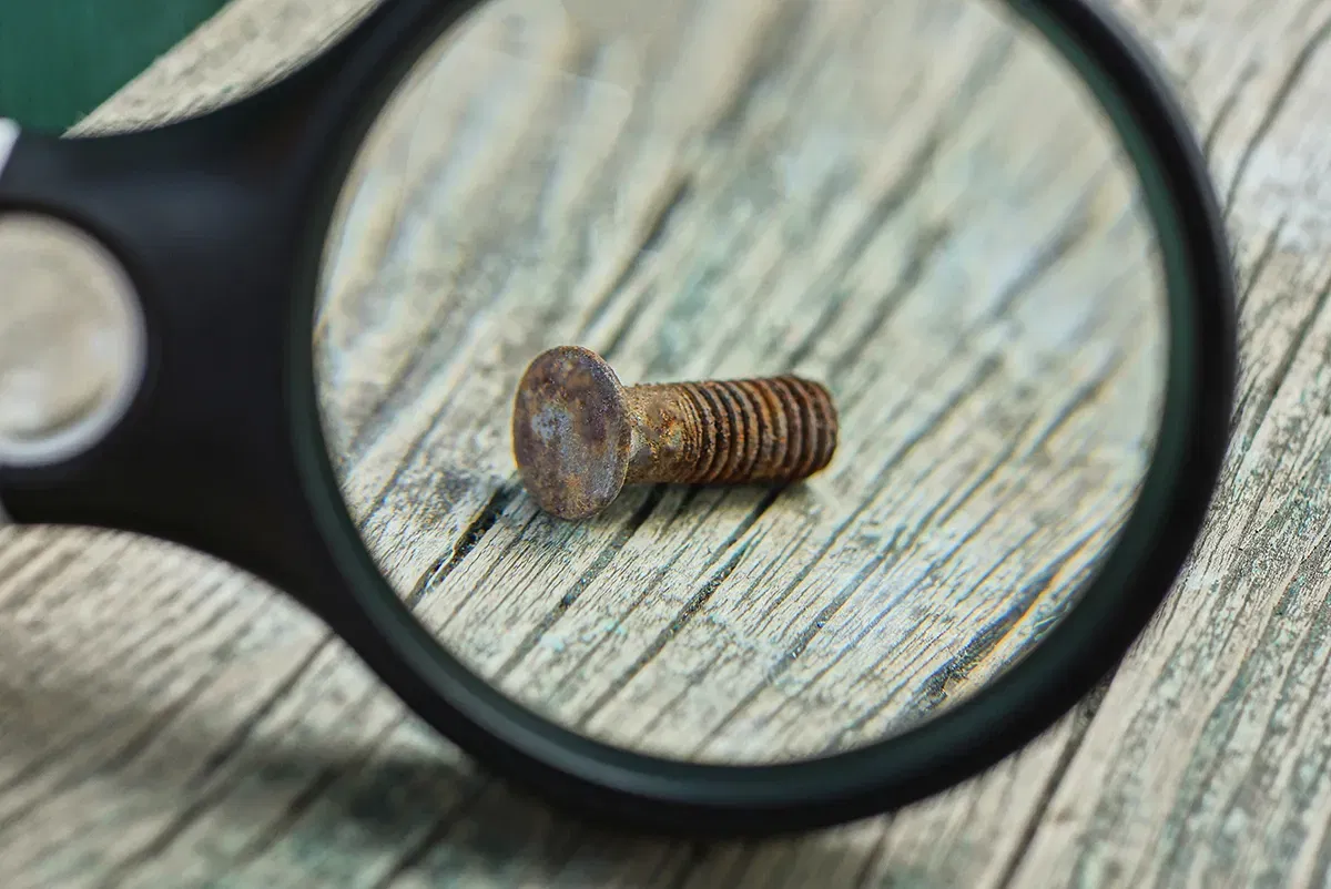 Rusty screw under magnifying glass