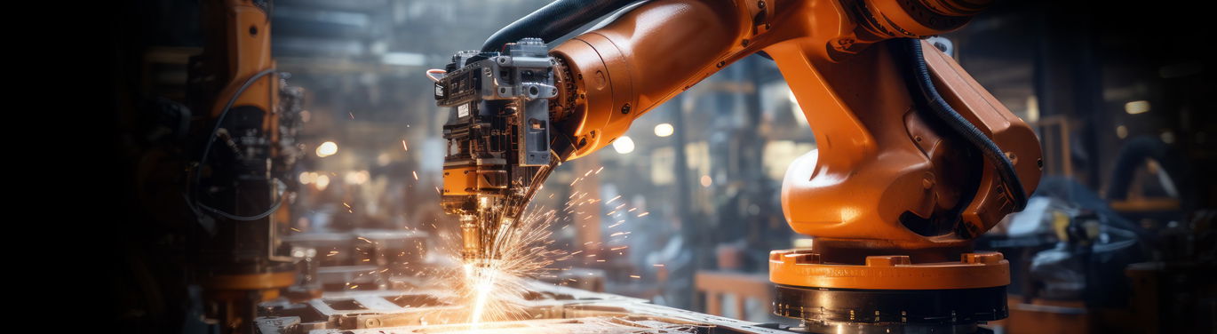 Industrial robotic arms assembling a car body in an automotive production line, showcasing advanced manufacturing technology.