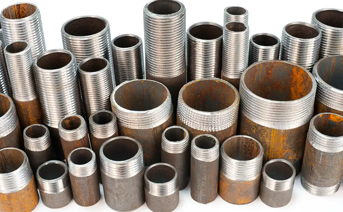 Various rusty threaded metal pipes