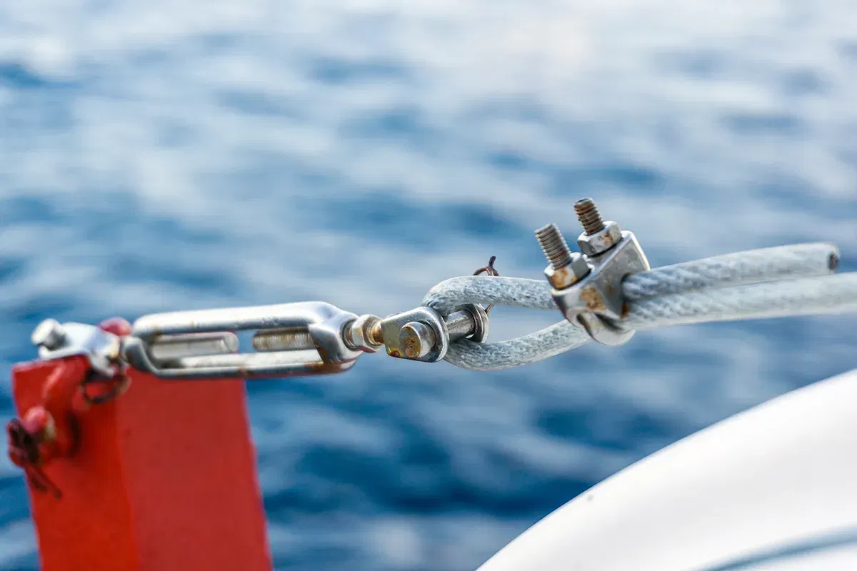 Turnbuckle securing life raft on a construction barge 