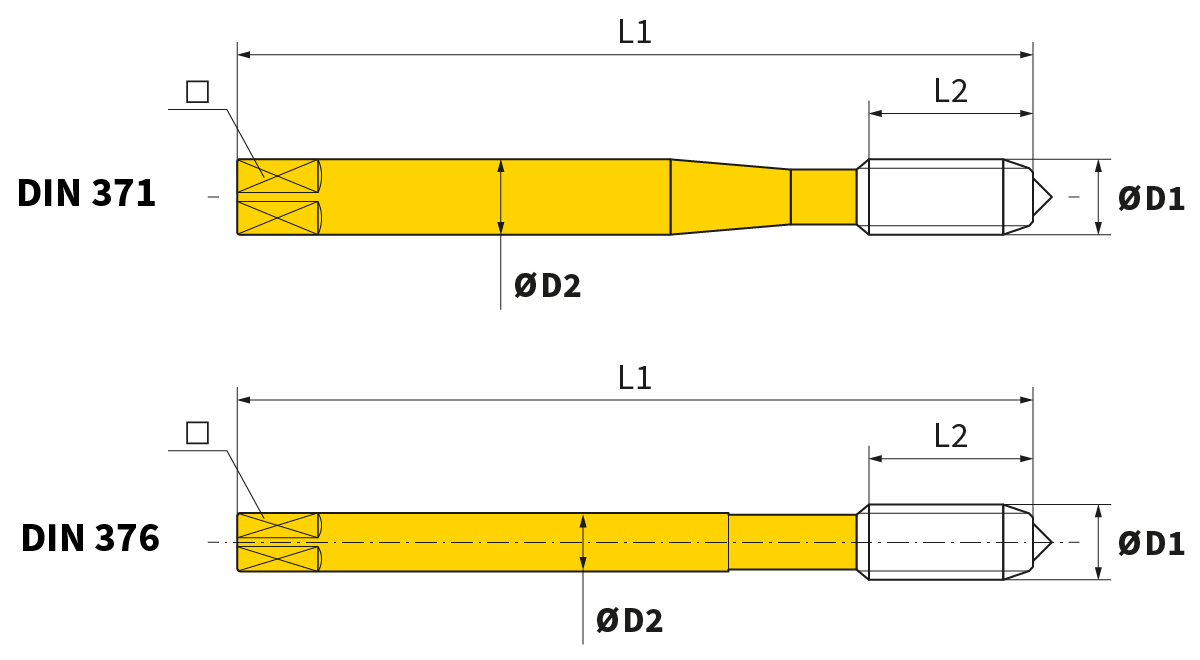 Comparison of DIN 371 and DIN 376 thread tap shank types