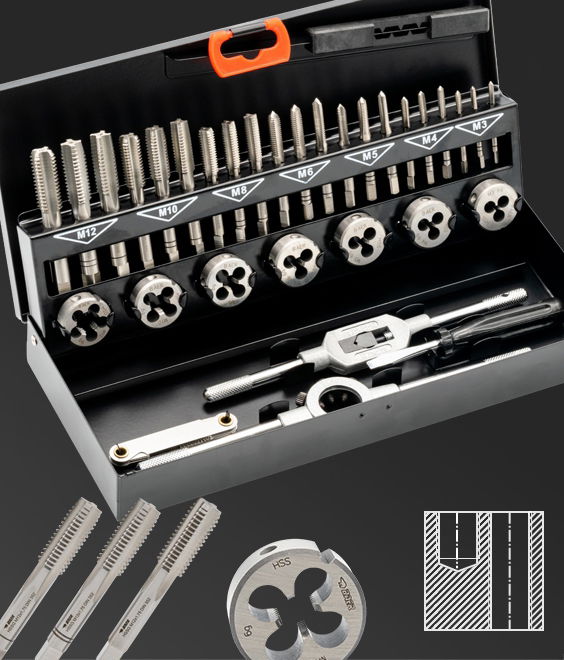 Illustration of M3-M12 Set: Tool holders | HSSG hand tap sets | HSS round dies