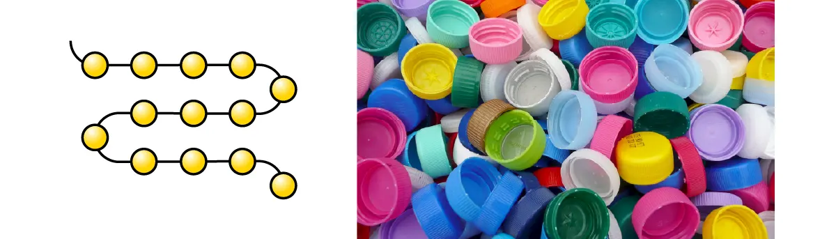 Darstellung von Polymerketten und bunten Kunststoffdeckeln