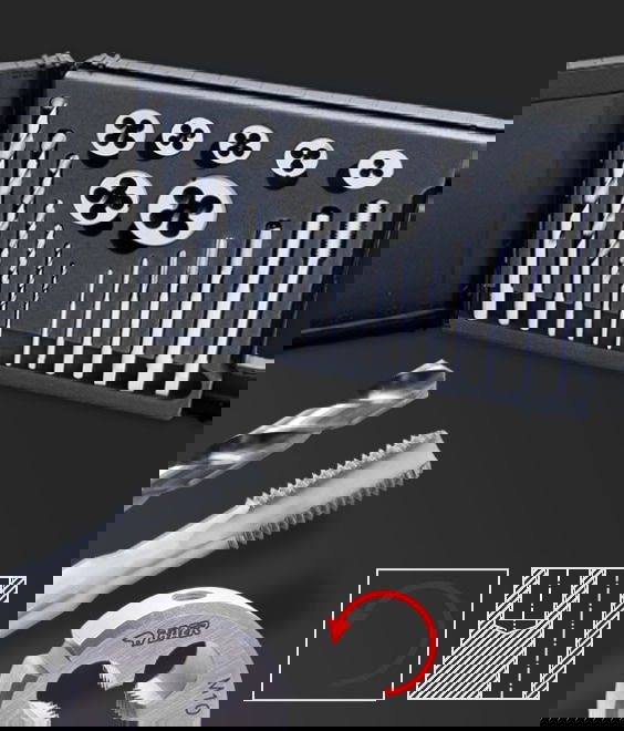Illustration of M3-M12 Set Left: HSSG core hole drill bits | HSSE machine taps | HSS dies