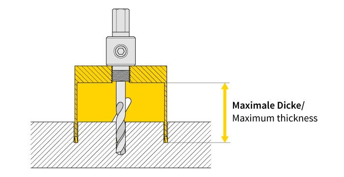 Technische Illustration einer Lochsäge für Metall mit Darstellung der maximalen Schnitttiefe bzw. Materialdicke