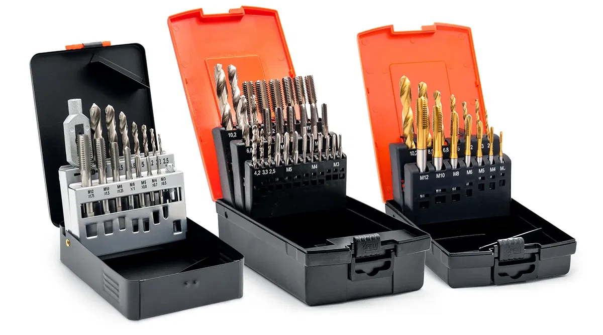 Thread tap and drill bit sets Thread tap and drill bit sets