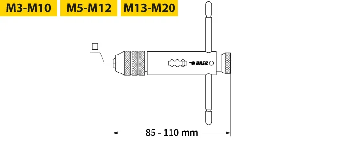 BAER Gewindeschneider-Ratsche (Short-Wrench) für M3-M20, Vierkantschaft, Länge 85-110 mm – technische Zeichnung