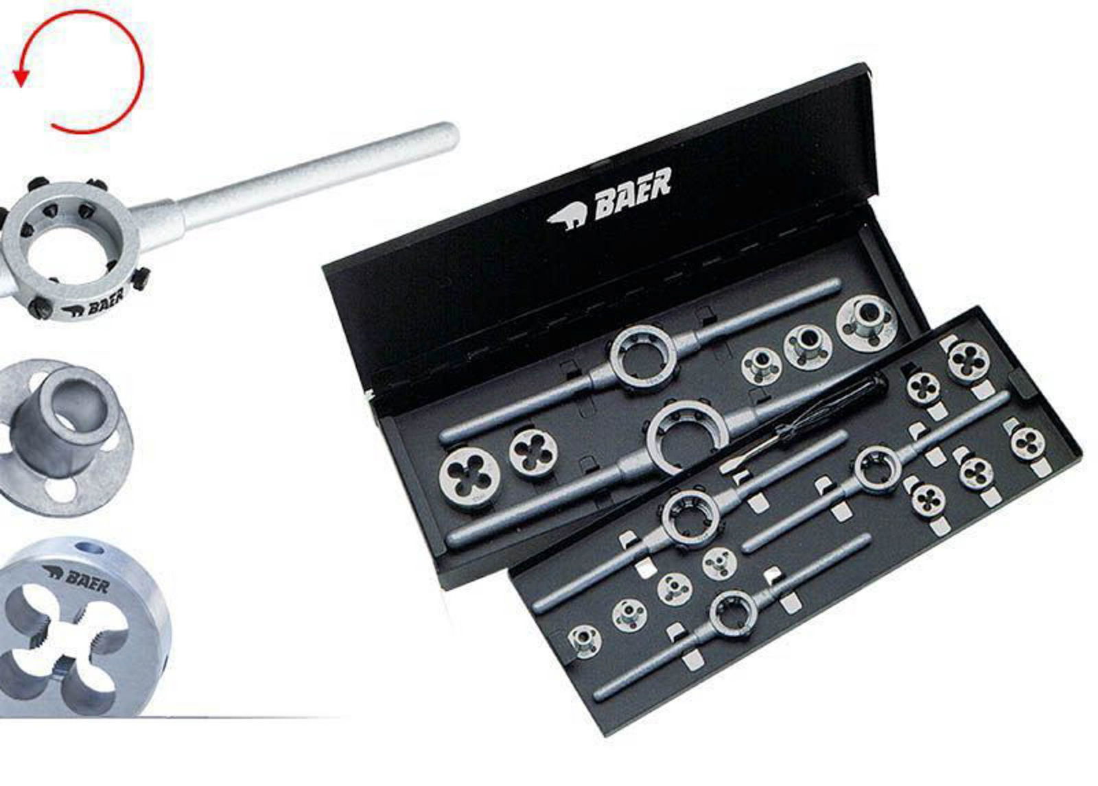 BAER Set HSS LINKS: Schneideisen Rund | Haltewerkzeuge | Führungen: M 3 - 12 BAER Set HSS LINKS: Schneideisen Rund | Haltewerkzeuge | Führungen: M 3 - 12