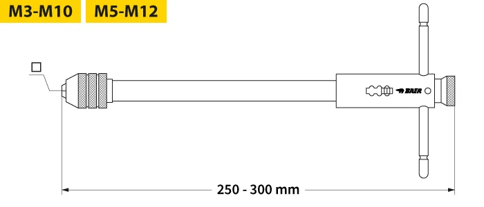 Technische Zeichnung BAER Gewindeschneider-Ratsche (Long-Wrench) M3-M12, Länge 250-300 mm mit Vierkantaufnahme