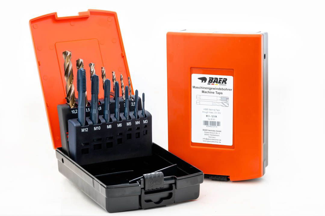 BAER Set HSSE EDELSTAHL: Maschinengewindebohrer Durchgangsloch | Kernlochbohrer: M 3 - 12