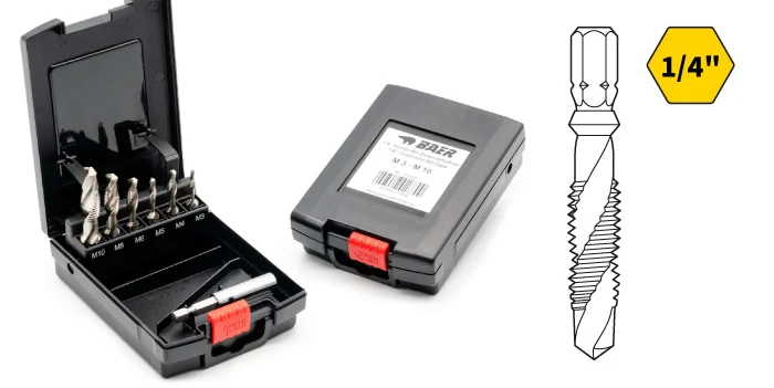 BAER Combined Bit Tap Set – Gewindeschneid-Adapter mit 1/4" Bitaufnahme und Gewindebohrer M3–M10 für Akkuschrauber