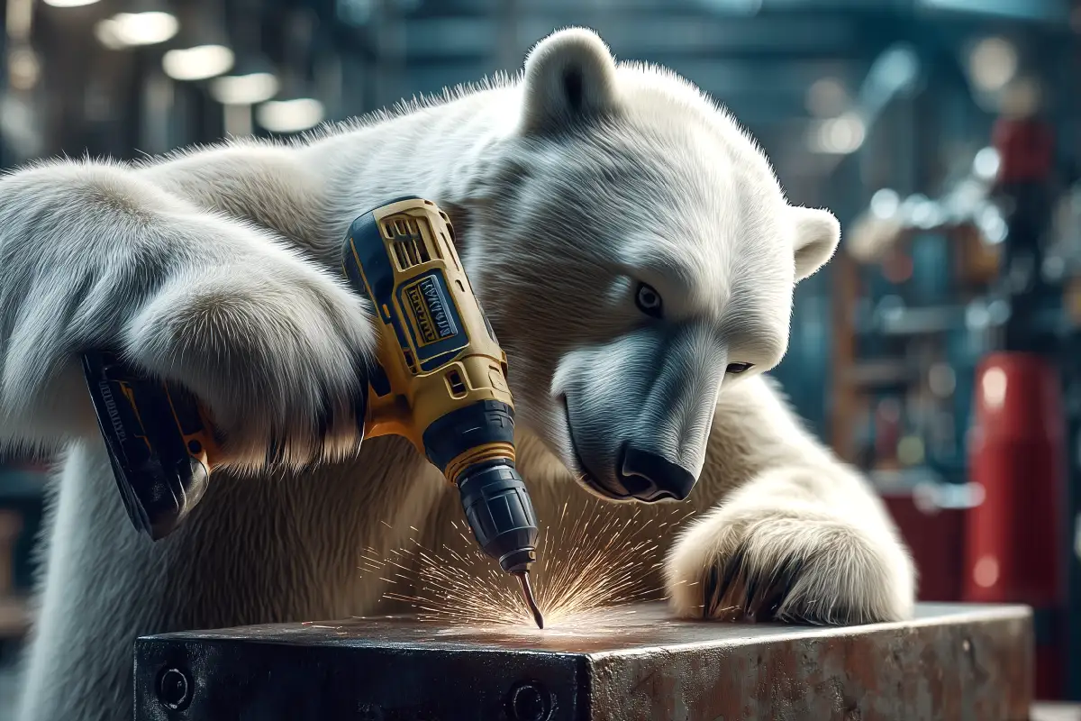Eisbär nutzt gelbe Akku-Bohrmaschine zum Bohren in Metall
