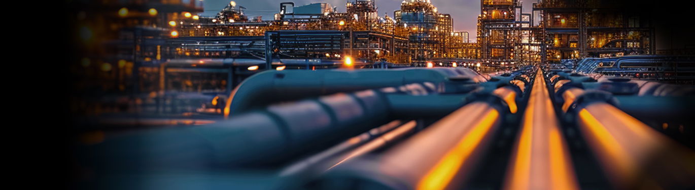 Chemical power plant with countless pipes in dramatic sunset light