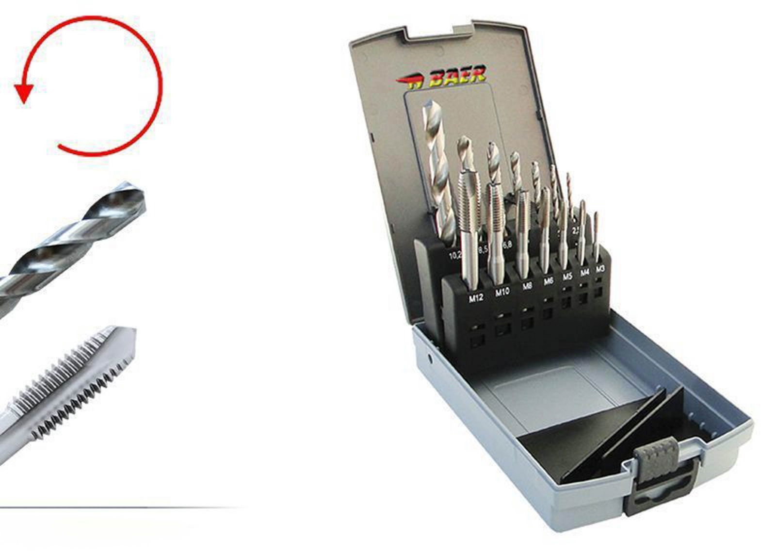 BAER Set HSSG GAUCHE : Tarauds pour machines trou de passage | Foret pour avant-trou: M 3 - 12