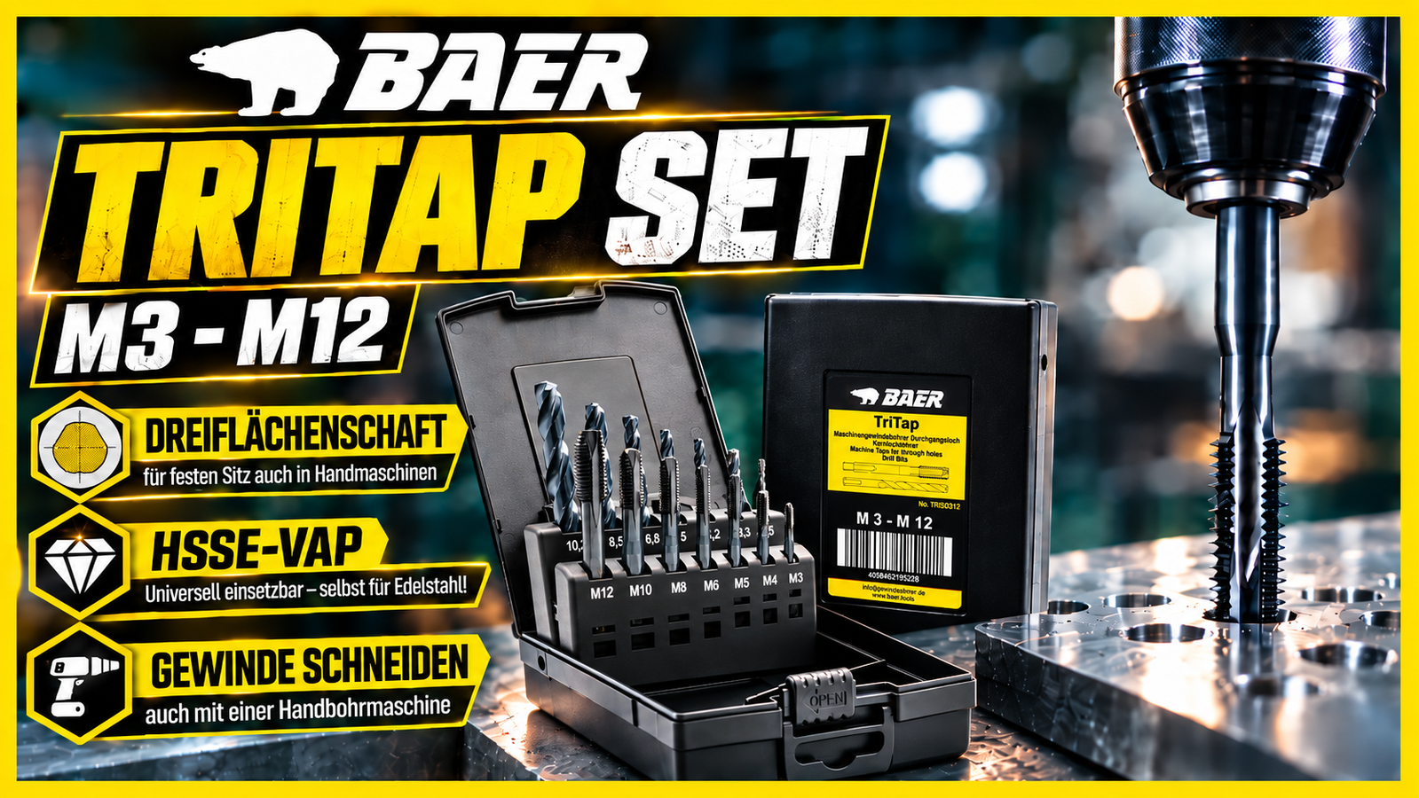 BAER TriTap Set HSSE-VAP: Tap through hole | Core drill: M 3 - 12