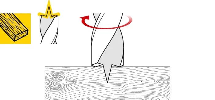 Illustration eines Holzbohrers beim Bohren in Holz – Übersicht Bohrer für Holz als Material