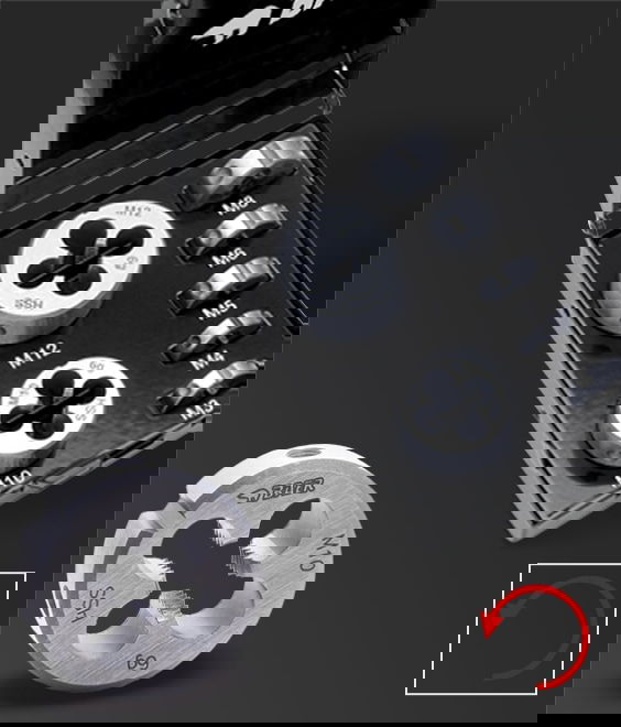 Illustration of M3-M12 Set Left: HSS round cutting dies