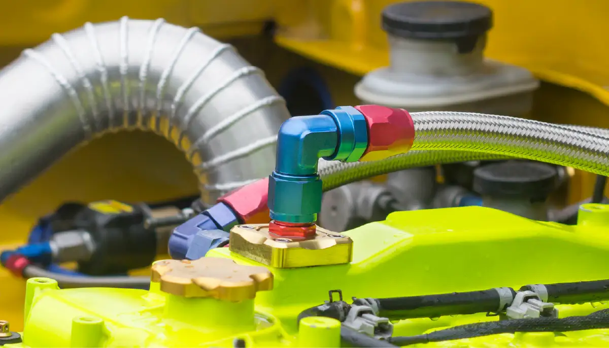 Colorful hose fitting in engine bay