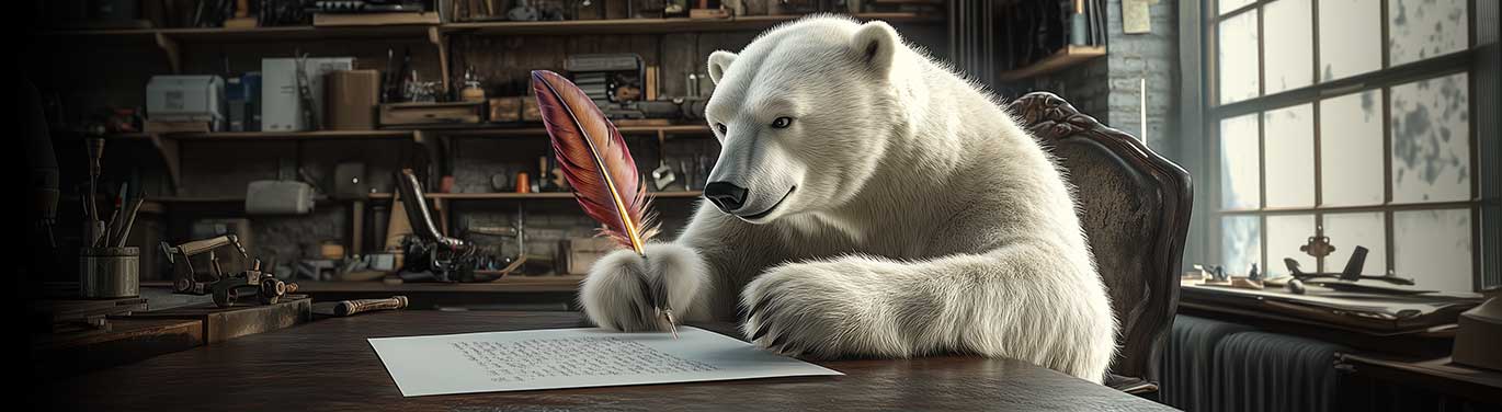 A polar bear sits on a desk and fills in a document with a pen. In the background you can see that it is an office. 