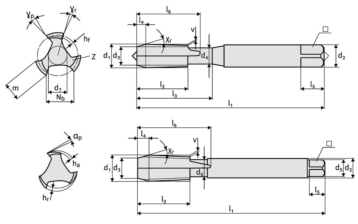 Technical drawing of a thread tap with dimensions and labels Technical drawing of a thread tap with dimensions and labels
