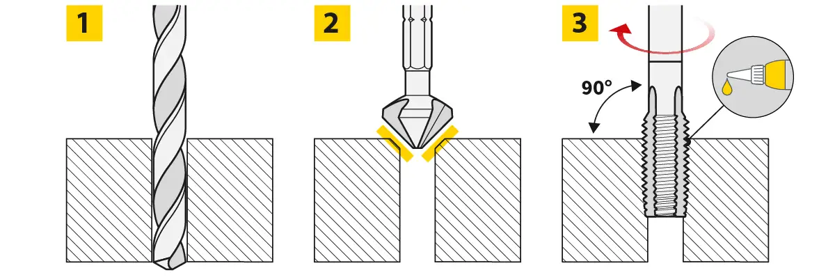 Schritte zum Bohren, Ansenken und Gewindeschneiden