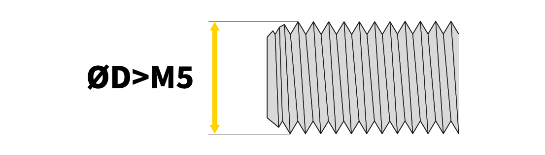 Schematic illustration of a thread tap, with its diameter marked by a yellow double arrow. Next to it is the formula "Diameter greater than M5." Schematic illustration of a thread tap, with its diameter marked by a yellow double arrow. Next to it is the formula "Diameter greater than M5."