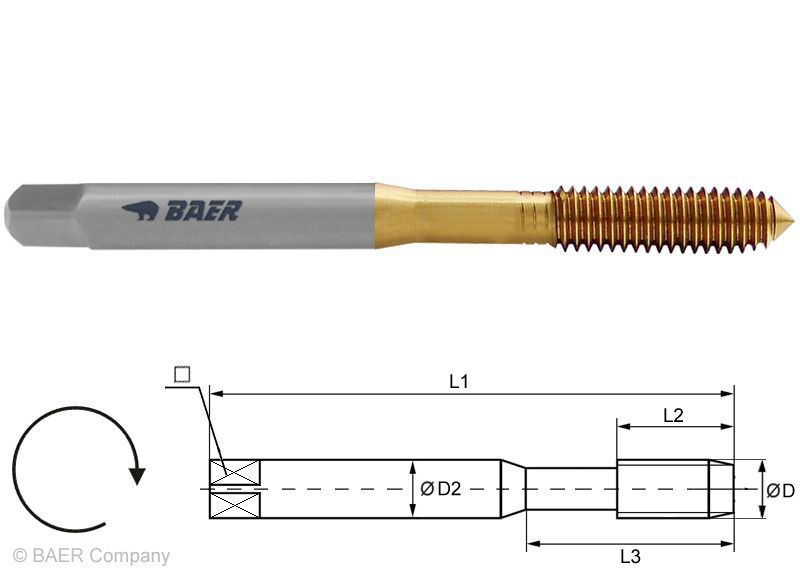 BAER HSSE-TiN Forming Tap M 6 x 1.0 - DIN 371 without oil grooves