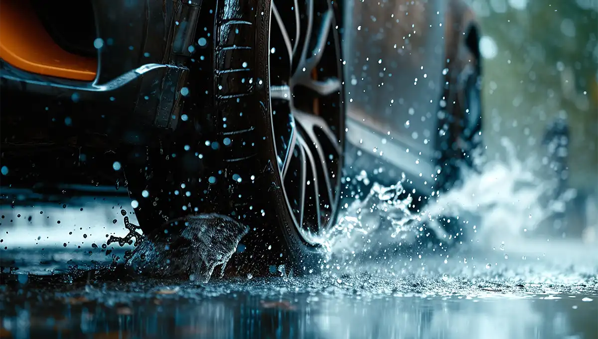 Car tire splashes water on wet road Car tire splashes water on wet road