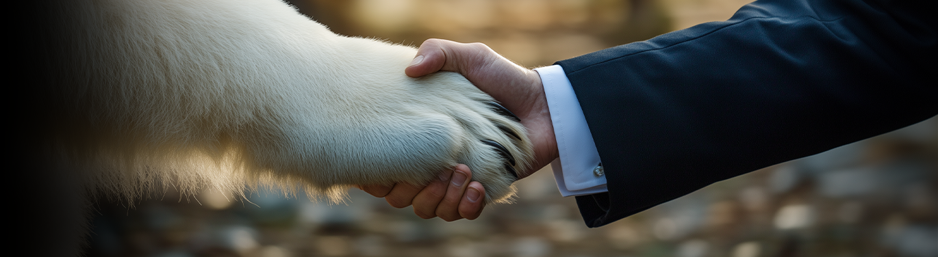 A wise bear's paw is shaken by a human hand. It looks like a handshake at the signing of a contract. The sleeves of a blue suit can be recognised. It symbolises partnership. 