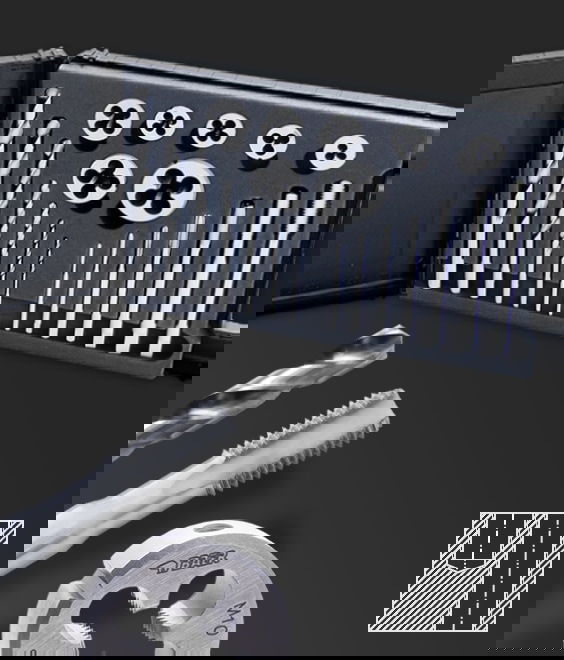 Illustration of M3-M12 Set: HSSG core hole drill bits | HSSE machine taps | HSS dies