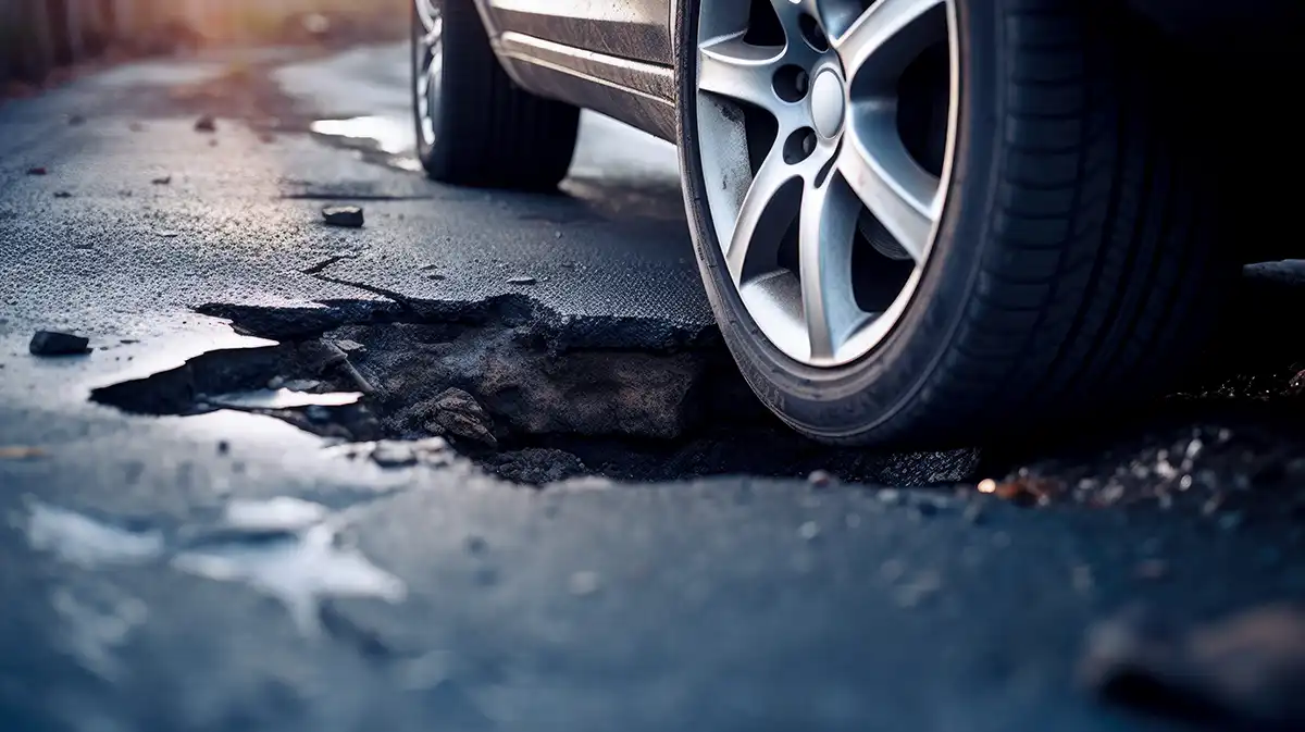 Car tire next to pothole Car tire next to pothole