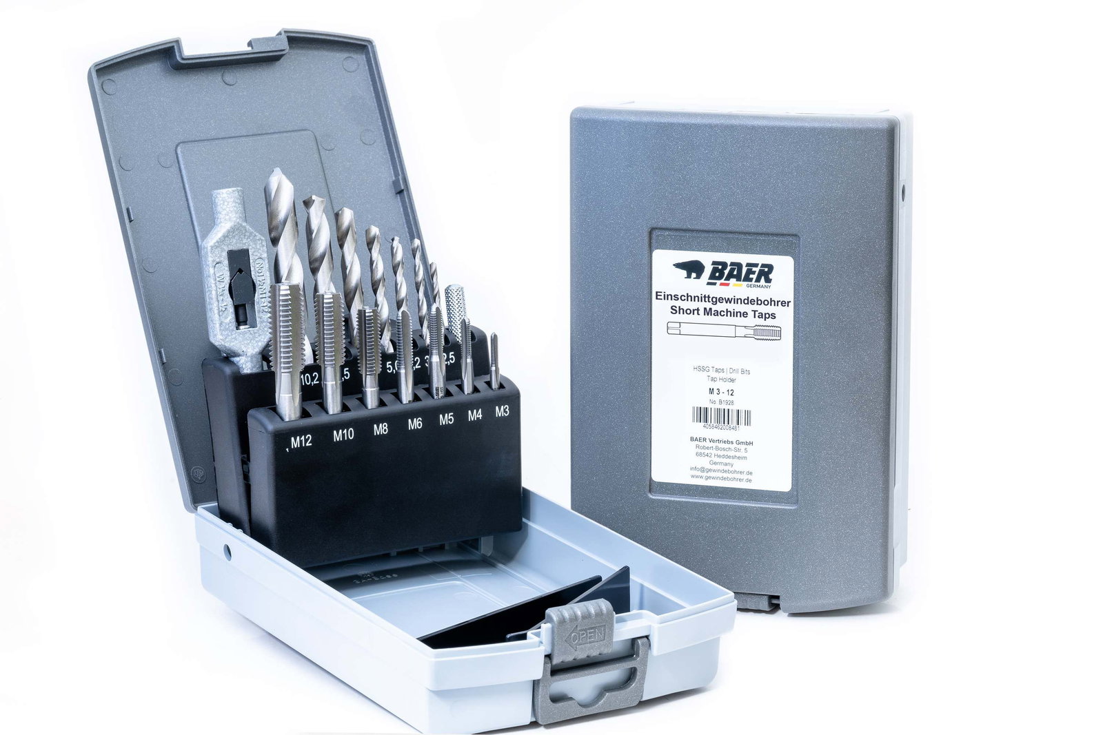 BAER Set HSSG: Short Machine Taps | drill bits | tap holder: M 3 - 12