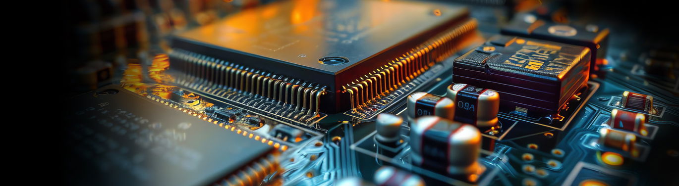 Close-up of a printed circuit board with various semiconductors and other components