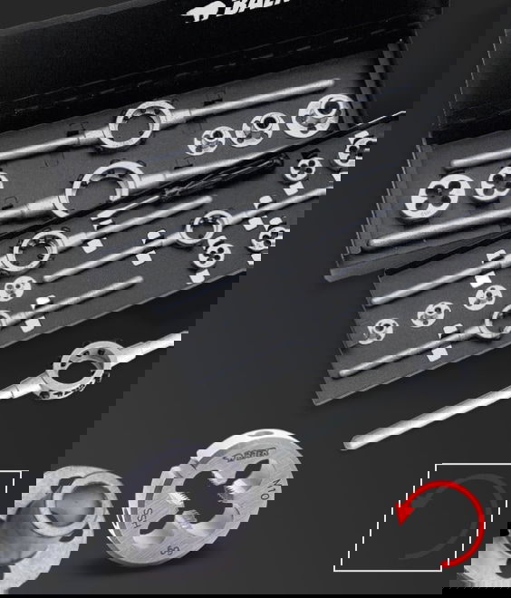 Illustration of M3-M12 Set Left: HSS round dies | die holders | die guides
