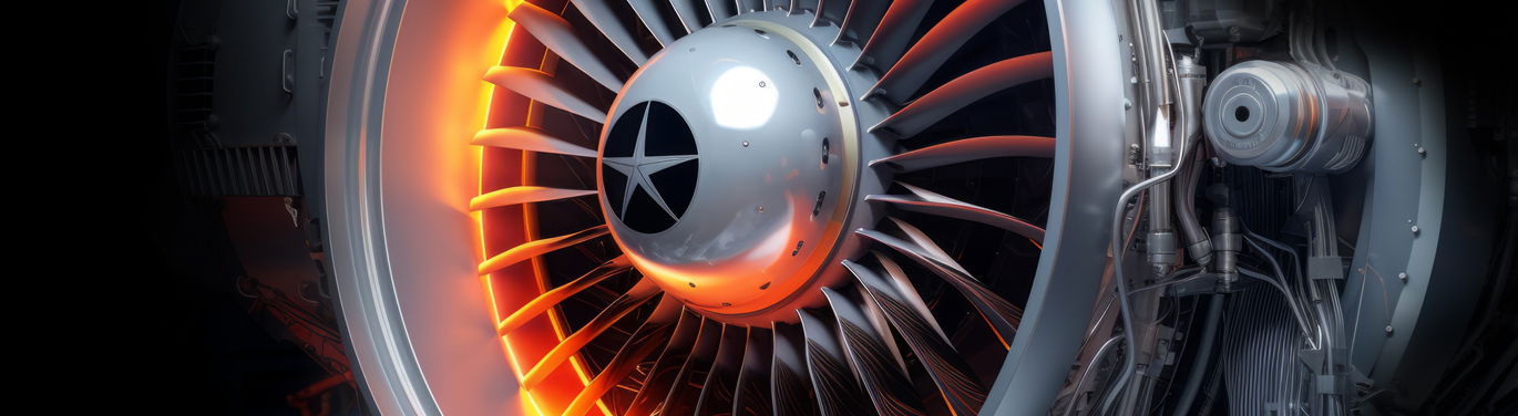 Close-up of an aircraft turbine in high-contrast light